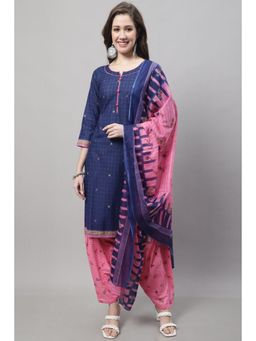 Rajnandini - Navy Blue-Pink Cotton Printed Kurta and Salwar with Dupatta (Set of 3)