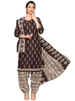 Rajnandini - Brown Cotton Blend Printed Kurta and Salwar with Dupatta (Set of 3)