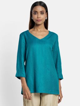 Fabindia - Turquoise Viscose Blend Woven Short Kurta