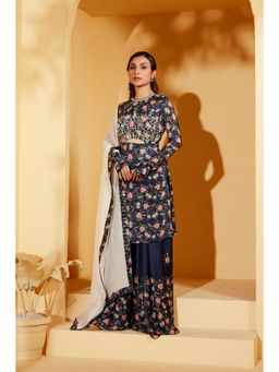 Suruchi Parakh - Womens Navy Blue Floral Print Sharara with Kurta and Dupatta (Set of 3)