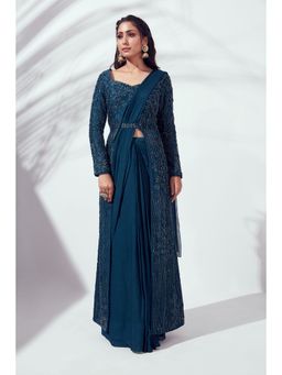 Suruchi Parakh - Teal Embellished Pre Draped Saree and Blouse Jacket with Stitched