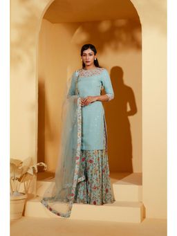 Suruchi Parakh - Womens Blue Floral Print Sharara with Kurta and Dupatta (Set of 3)