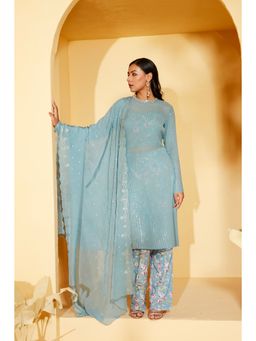 Suruchi Parakh - Womens Blue Floral Print Kurta with Bustier and Pant Dupatta (Set of 4)