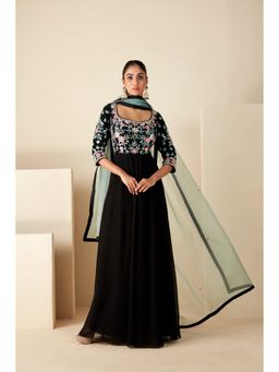 Suruchi Parakh - Womens Black Mirror Work Anarkali Kurta and Dupatta (Set of 2)