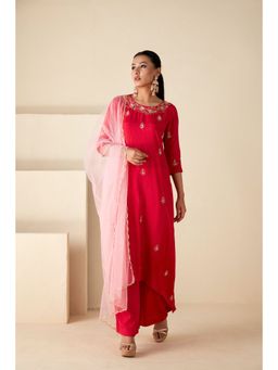 Suruchi Parakh - Womens Pink Embroidered Kurta with Pant and Dupatta (Set of 3)