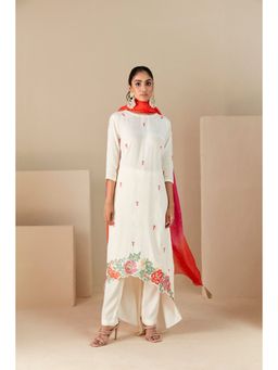 Suruchi Parakh - Womens Off White Embroidered Kurta with Pant and Dupatta (Set of 3)