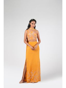 Suruchi Parakh - Womens Mustard Embellished Crop Top with Skirt and Dupatta (Set of 3)
