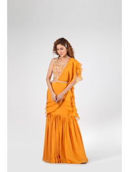 Suruchi Parakh - Mustard Embellished Pre Draped Saree with Blouse and Belt with Stitched