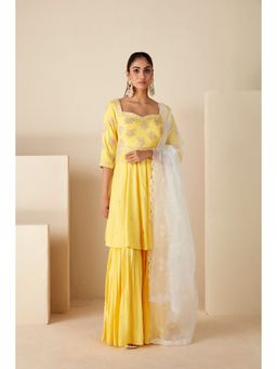 Suruchi Parakh - Womens Yellow Embellished Kurta with Sharara and Dupatta (Set of 3)