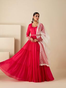 Suruchi Parakh - Womens Pink Embroidered Anarkali Kurta and Dupatta (Set of 3)