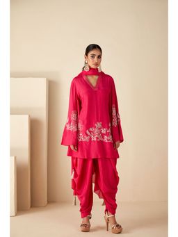 Suruchi Parakh - Womens Pink Embroidered Kurta with Dhoti and Dupatta (Set of 3)