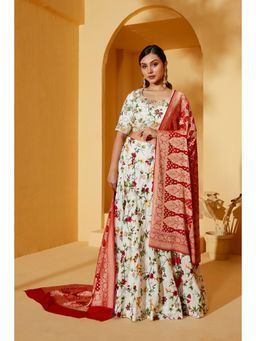 Suruchi Parakh - Womens White Floral Print Blouse and Lehenga with Dupatta (Set of 3)