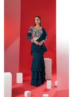 Suruchi Parakh - Teal Embroidered Pre Drape Saree and Blouse with Stitched