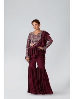 Suruchi Parakh - Brown Embellished Pre Draped Saree and Blouse with Stitched