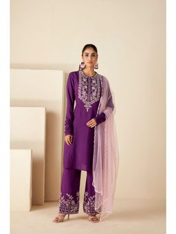 Suruchi Parakh - Womens Purple Embroidered Kurta with Pant and Dupatta (Set of 3)