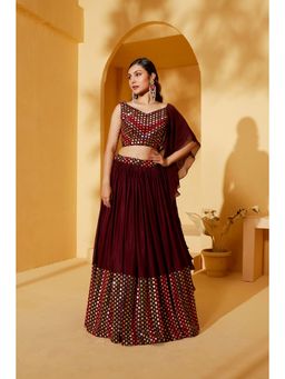 Suruchi Parakh - Womens Maroon Mirror Work Blouse with Lehenga and Dupatta (Set of 3)