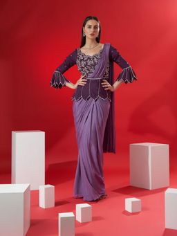 Suruchi Parakh - Purple Embroidered Pre Drape Saree and Blouse with Stitched