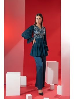 Suruchi Parakh - Womens Teal Embellished V Neck Co-ord (Set of 2)