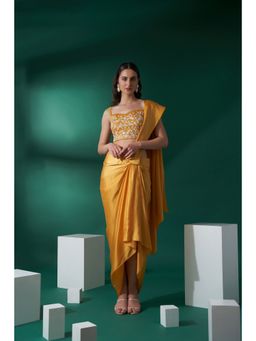 Suruchi Parakh - Mustard Embroidered Pre Drape Saree and Blouse with Stitched