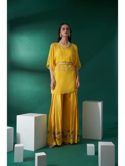 Suruchi Parakh - Womens Yellow Solid Kurti with Bustier and Palazzo Belt (Set of 4)