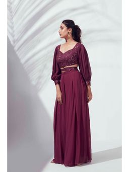 Suruchi Parakh - Womens Wine Embellished Crop Top and Skirt (Set of 2)