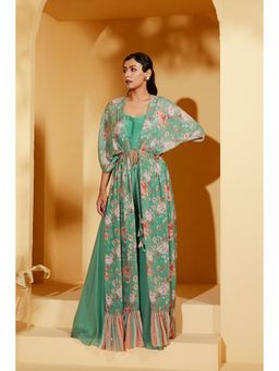 Suruchi Parakh - Womens Turquoise Floral Print Jacket with Bustier and Palazzo (Set of 3)