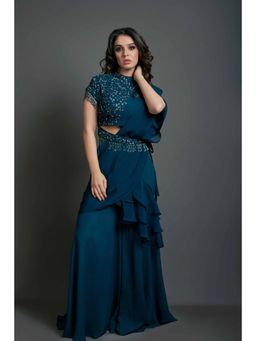 Suruchi Parakh - Teal Embellished Pre Draped Saree with Blouse with Stitched