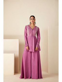 Suruchi Parakh - Womens Pink Embroidered Peplum Top and Palazzo (Set of 2)