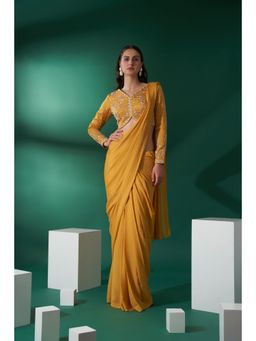 Suruchi Parakh - Mustard Embroidered Pre Drape Saree and Blouse with Stitched
