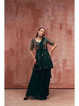 Suruchi Parakh - Green Embroidered Pre Drape Saree with Bustier and Peplum Blouse with Stitched