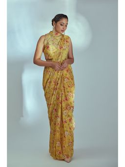 Suruchi Parakh - Yellow Floral Print Pre Drape Saree and Blouse with Stitched