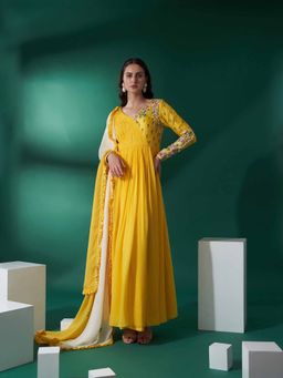 Suruchi Parakh - Womens Yellow Embellished Anarkali Kurta and Dupatta (Set of 2)