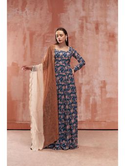 Suruchi Parakh - Womens Blue Floral Print Anarkali Kurta and Dupatta (Set of 2)