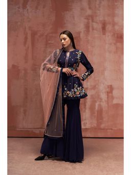 Suruchi Parakh - Womens Navy Blue Mirror Work Sharara with Kurti and Dupatta (Set of 3)