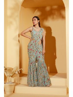 Suruchi Parakh - Turquoise Embellished Pre Drape Saree and Blouse with Stitched