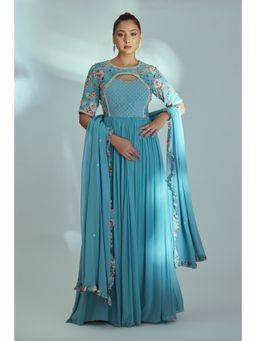 Suruchi Parakh - Womens Blue Embroidered Anarkali Kurta and Dupatta (Set of 2)