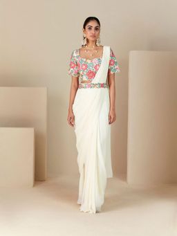 Suruchi Parakh - Off White Embroidered Pre Drape Sarees with Blouse and Belt with Stitched