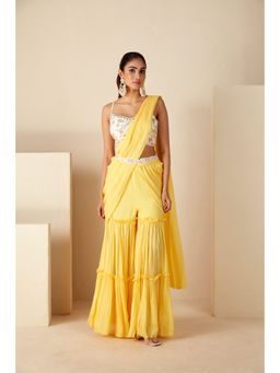 Suruchi Parakh - Yellow Embroidered Pre Drape Sarees with Belt and Blouse with Stitched