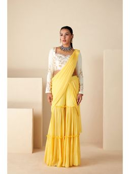 Suruchi Parakh - Yellow Embroidered Pre Drape Sarees and Blouse with Stitched