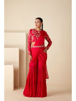 Suruchi Parakh - Red Embroidered Pre Drape Sarees with Belt and Blouse with Stitched