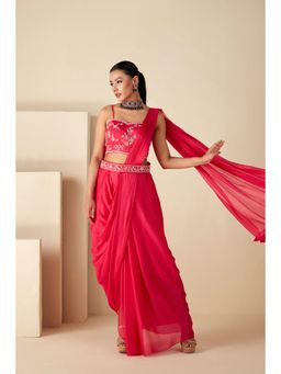 Suruchi Parakh - Pink Embroidered Pre Drape Saree with Belt and Blouse with Stitched