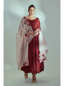 Suruchi Parakh - Womens Maroon Solid Anarkali Kurta with Dupatta (Set of 2)