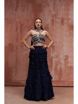 Suruchi Parakh - Womens Navy Blue Embellished Top and Skirt (Set of 2)