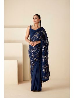 Suruchi Parakh - Navy Blue Embroidered Saree with Petticoat and Blouse with Stitched