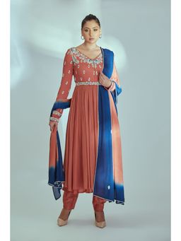 Suruchi Parakh - Womens Rust Embroidered Anarkali Kurta with Pant and Dupatta (Set of 3)