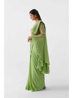Suruchi Parakh - Green Embroidered Pre Draped Saree with Blouse with Stitched