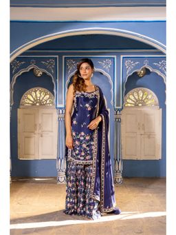 Suruchi Parakh - Womens Navy Blue Embroidered Kurta with Sharara and Dupatta (Set of 3)