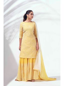 Suruchi Parakh - Womens Yellow Embroidered Kurta with Sharara and Dupatta (Set of 3)