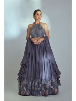 Suruchi Parakh - Blue Womens Embellished Blouse with Lehenga and Dupatta (Set of 3)