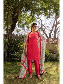 Suruchi Parakh - Womens Pink Embroidered Kurta with Pant and Dupatta (Set of 3)